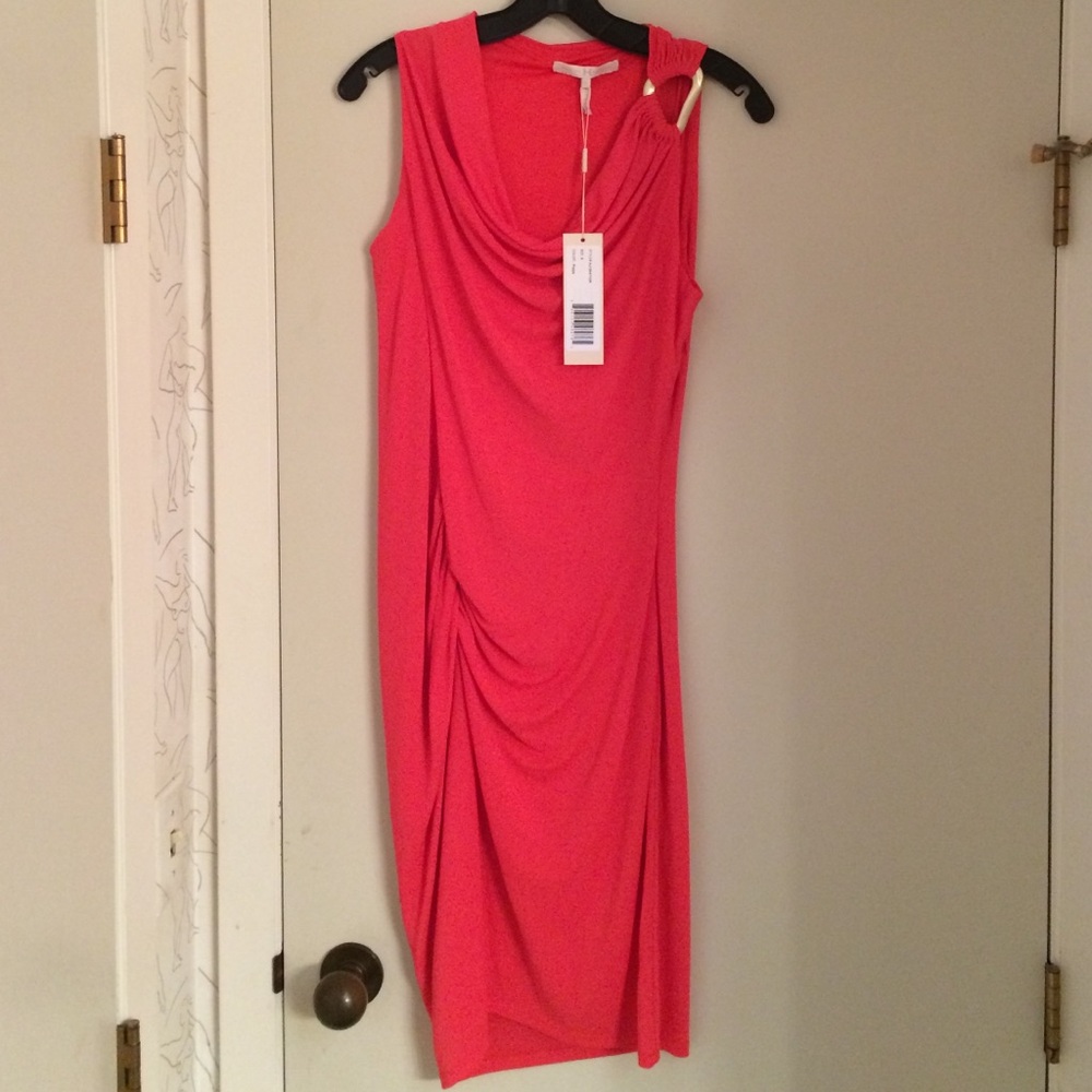 Halston Heritage Coral Pink Draped Midi Dress